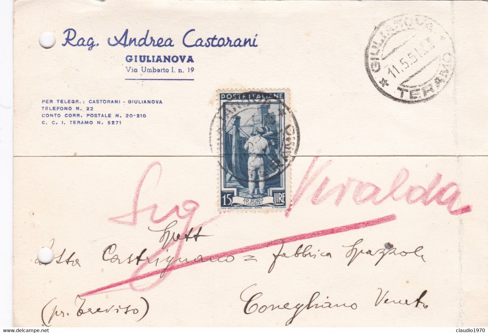 ITALIA - GIULIANOVA (TE) - STORIA POSTALE - RAG. ANDREA CASTORANI - VG PER CONEGLIANO VENETO (TV) - 1946-60: Poststempel