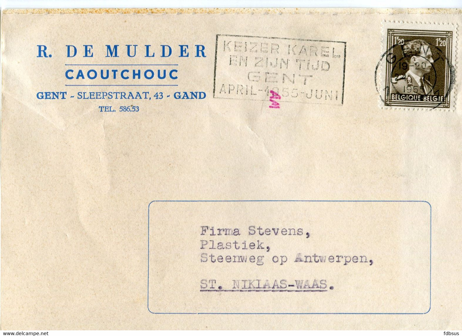 1955 1 Plikart(en) - Postkaart(en) - Zie Zegels, Stempels, Hoofding R. DE MULDER Gent Gand - Caoutchouc Rubber - Covers & Documents