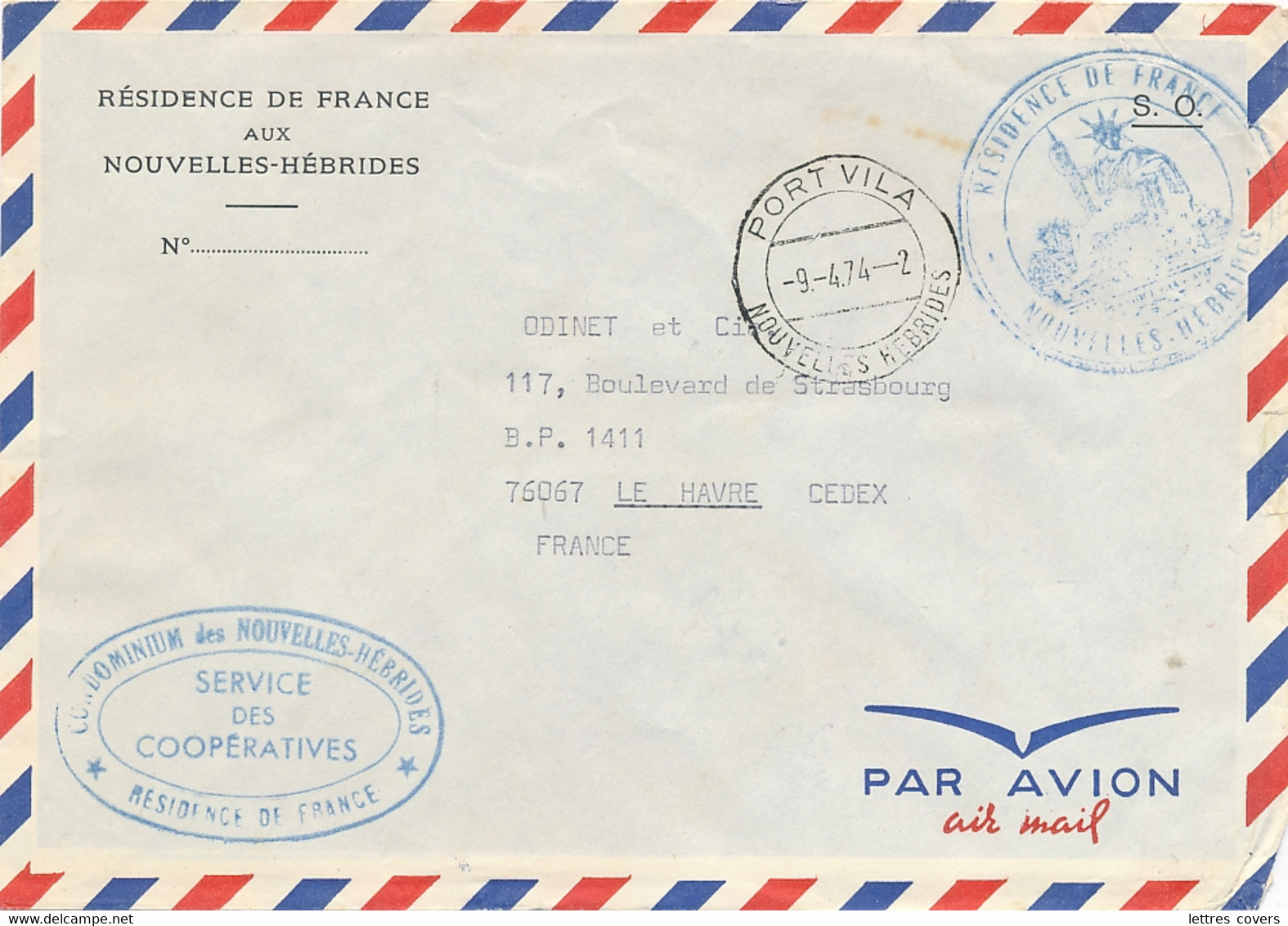 NOUVELLES HEBRIDES -RESIDENCE DE FRANCE SERVICES COOPERATIVES PORT VILLA - LETTRE AVION à EN-TÊTE > LE HAVRE - Covers & Documents