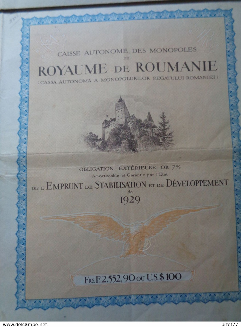 ROUMANIE - CAISSE AUTONOME ROYAUME DE ROUMANIE - OBLIGATION 7% OR , 1929 -  2 552,90FRS  - - Sonstige & Ohne Zuordnung