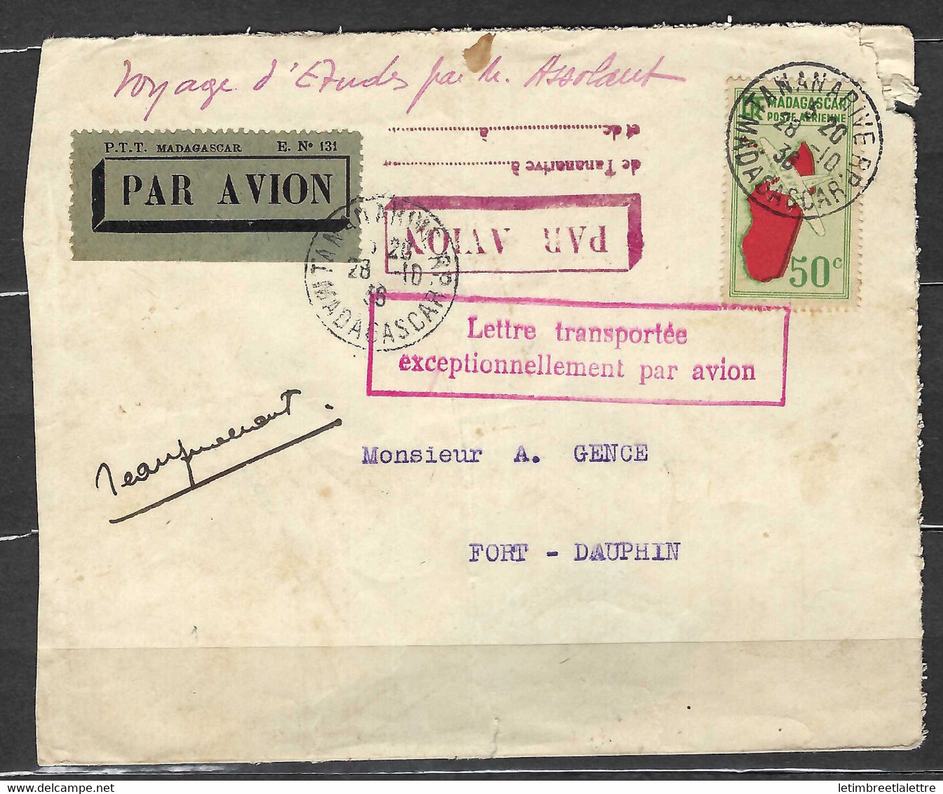 ⭐ Madagascar - Premier Vol - Tananarive Pour Fort Dauphin - Le 28 / 10 / 1936 - Signé Par Le Pilote ⭐ - Airmail