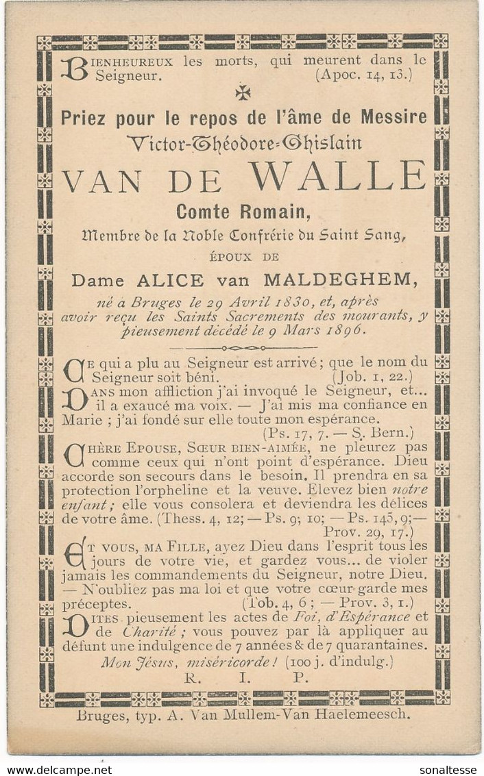 Brugge / Doodsprent / Bidprent  / Graaf Van De Walle / 1896 - Imágenes Religiosas