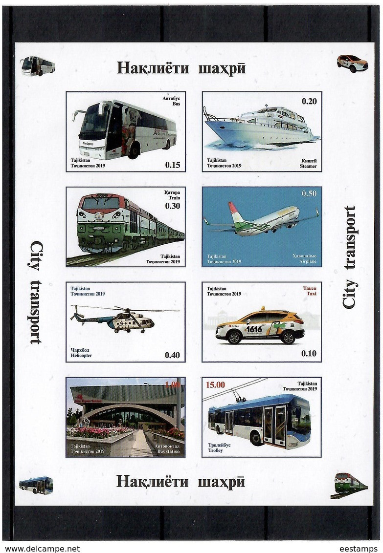 Tajikistan 2019 . City Transport ( Bus,Trolley,Aircraft,Helicopter,Metro,Taxi,Steamer,Train).Imperf. M/S Of 8v. - Tadjikistan