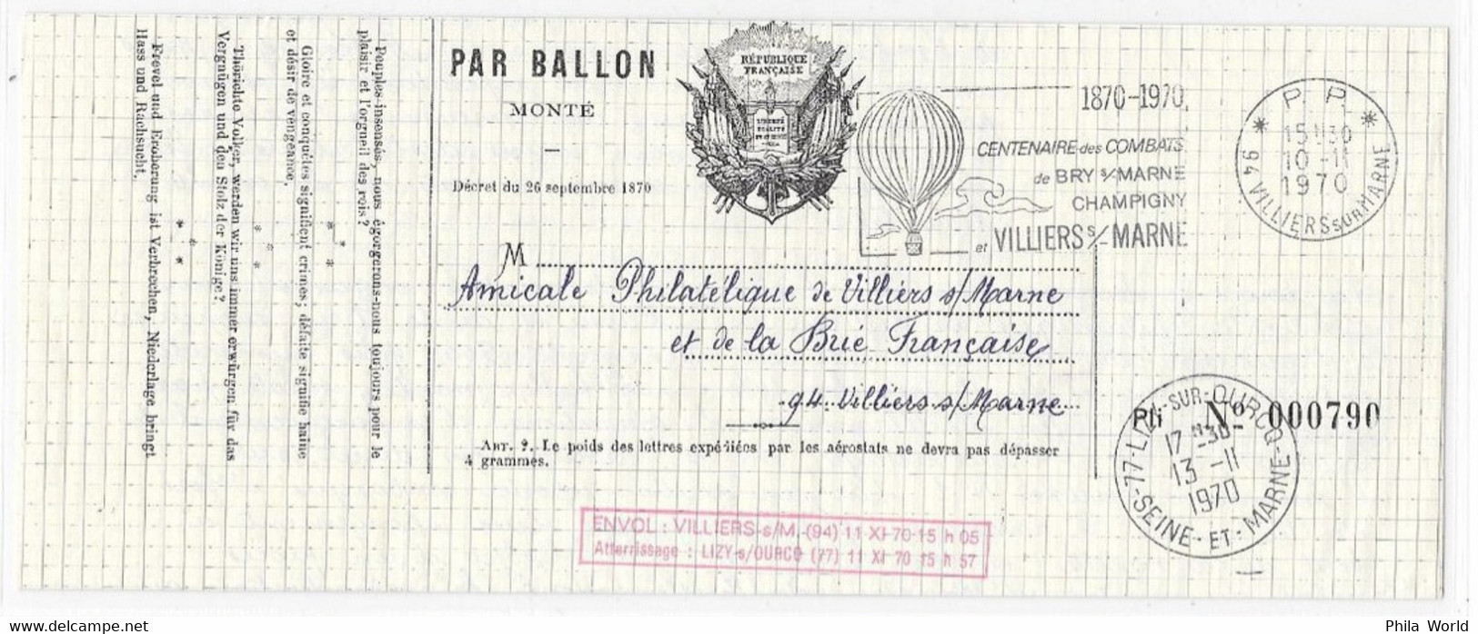 PRECURSEUR ENVOL BALLON MONTE 1970 VILLIERS S/ MARNE Centenaire Vol LE DAGUERRE Et Combats BRY Repro Formulaire Drapeaux - 1870 Asedio De Paris