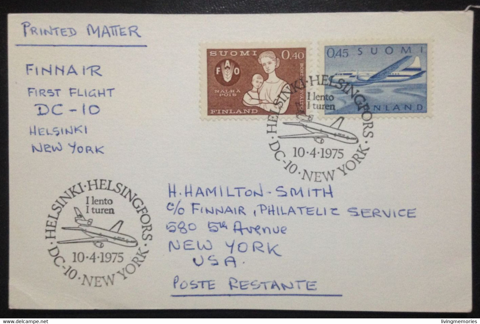 FINLAND, Circulated Card To New York, « Aviation », 1975 - Cartas & Documentos
