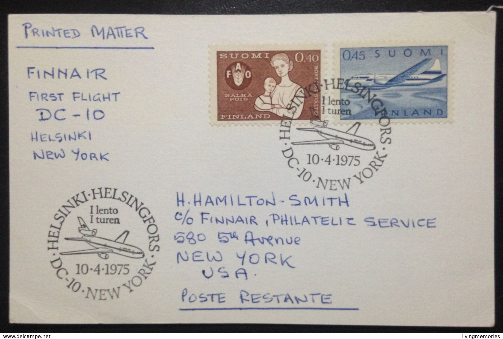 FINLAND, Circulated Card To New York, « Aviation », 1975 - Covers & Documents