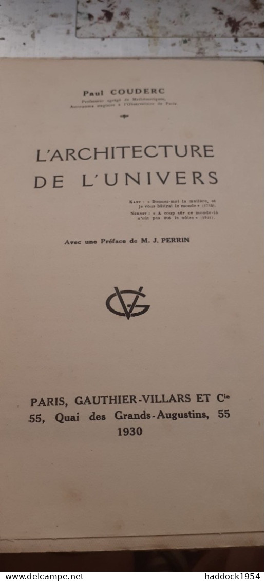 L'architecture De L'univers PAUL COUDERC Gauthier-villars 1930 - Astronomie