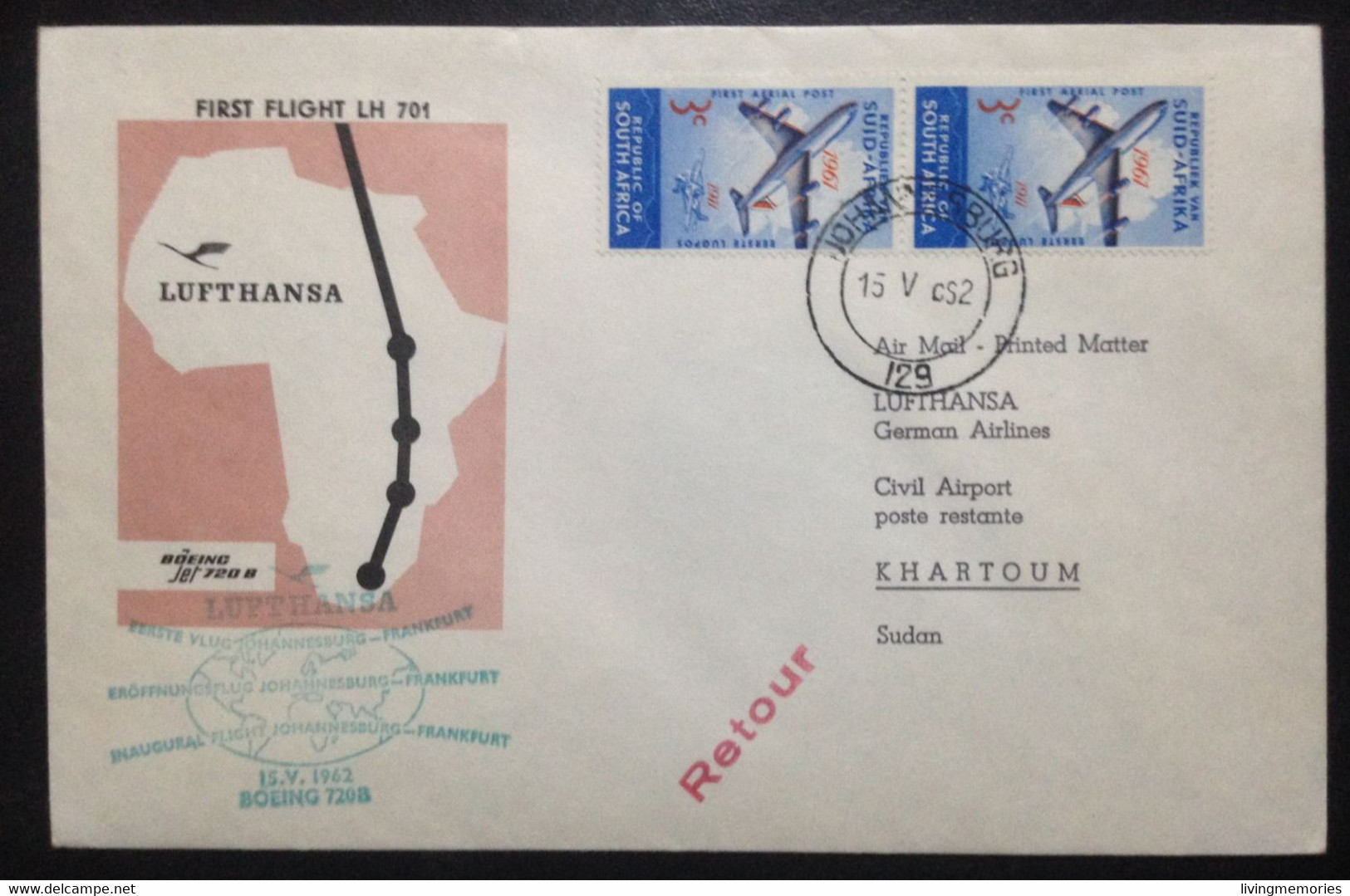 SOUTH AFRICA, Circulated Cover To Cartoum, « Aviation », 1962 - Posta Aerea