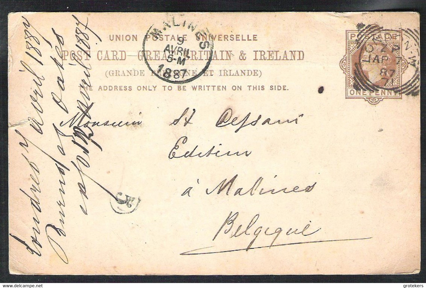 GREAT BRITAIN Postal Stationery (private Print On The Back) Mi. P18 Sent 1887 > B - Luftpost & Aerogramme
