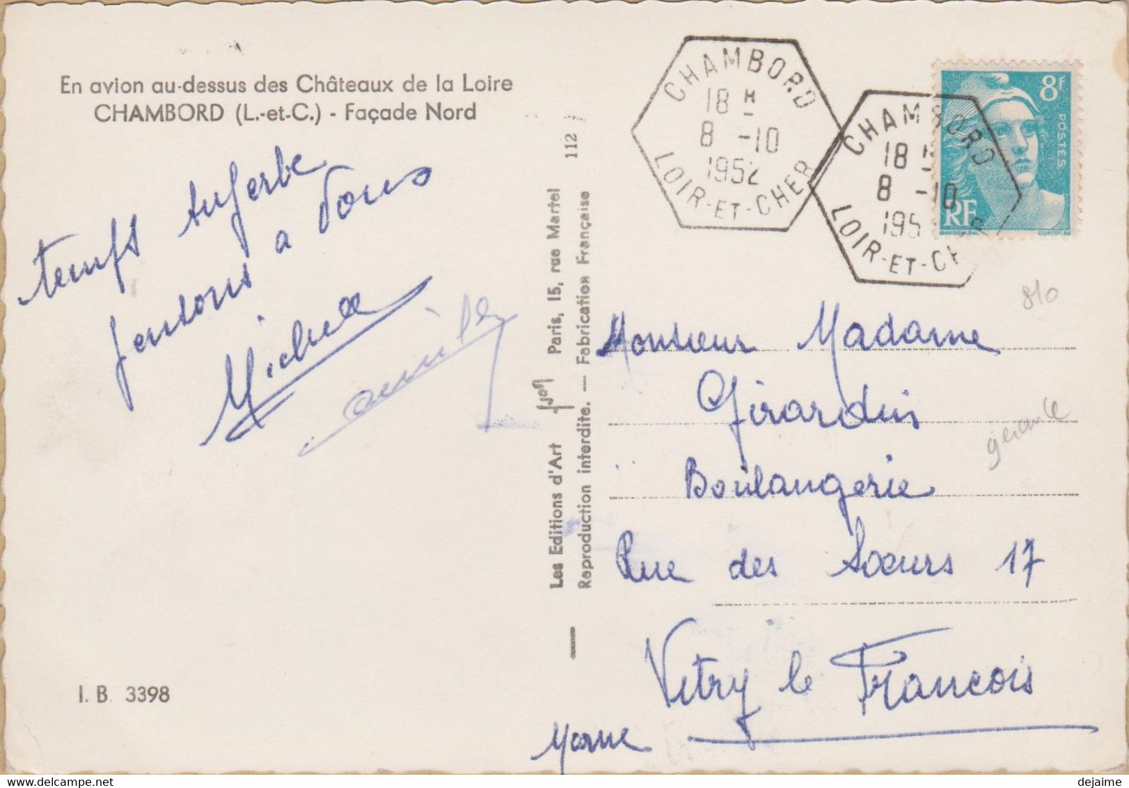 FRANCE 1952 CARTE POSTALE Marianne De Gandon N°YT 810 Cachet Chambord 8.10 1952 Editions D'Art Yvon - 1950-1959