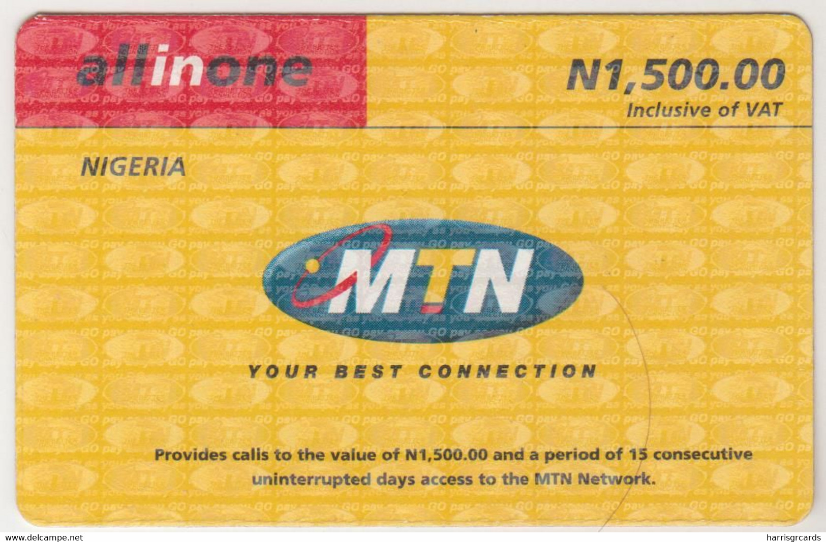 NIGERIA - All In One - Pay As You Go (Big Logo), MTN Prepaid Card N 1500, Used - Nigeria