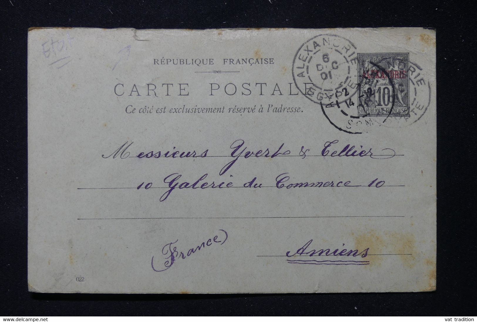 ALEXANDRIE - Entier Postal Type Sage Surchargé De Alexandrie Pour Yvert Et Tellier à Amiens En 1901 - L 86300 - Cartas & Documentos