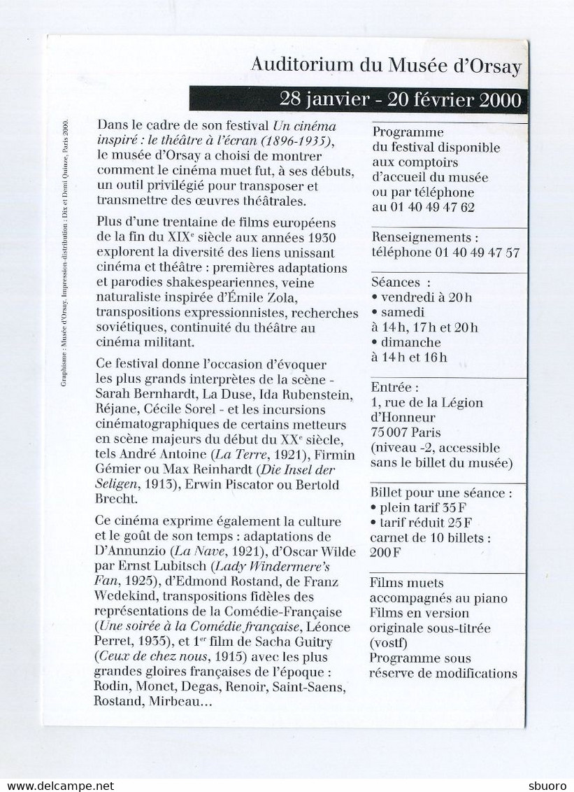 Cinéma Inspiré : Le Théâtre à L'écran. Auditorium Du Musée D'Orsay. Janvier Février 2000. Sorel, Wilde, Guitry, Etc... - Other & Unclassified