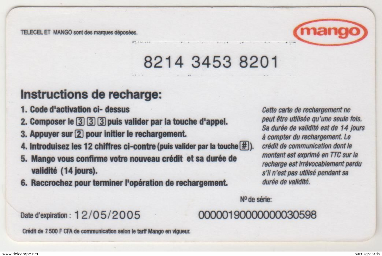 BURKINA FASO - Le Jus, Mango Prepaid Card 2500 F CFA, Exp.date 12/05/05, Used - Burkina Faso