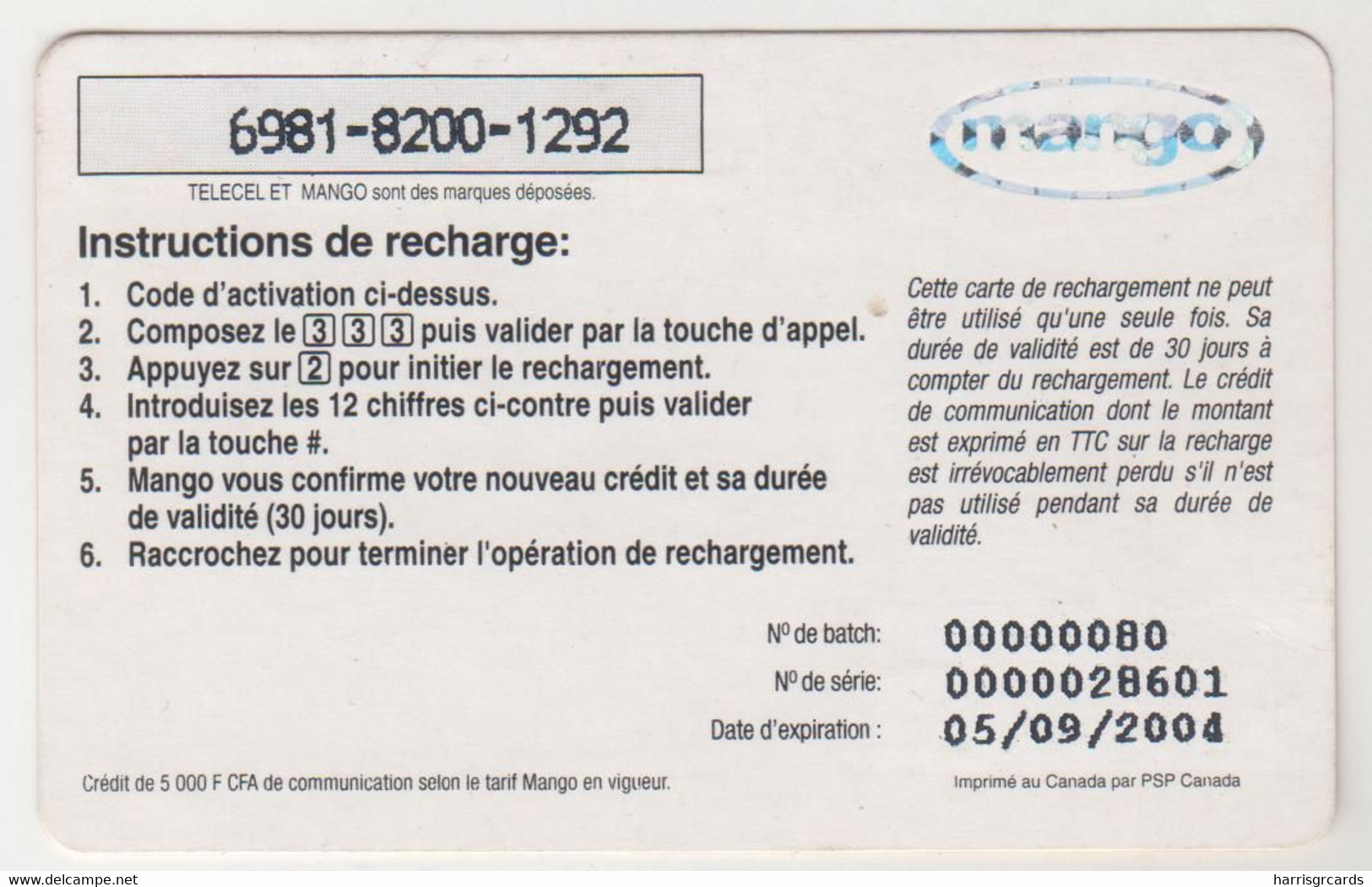 BURKINA FASO - Le Jus, Mango Prepaid Card 5000 F CFA, Exp.date 05/09/04, Used - Burkina Faso