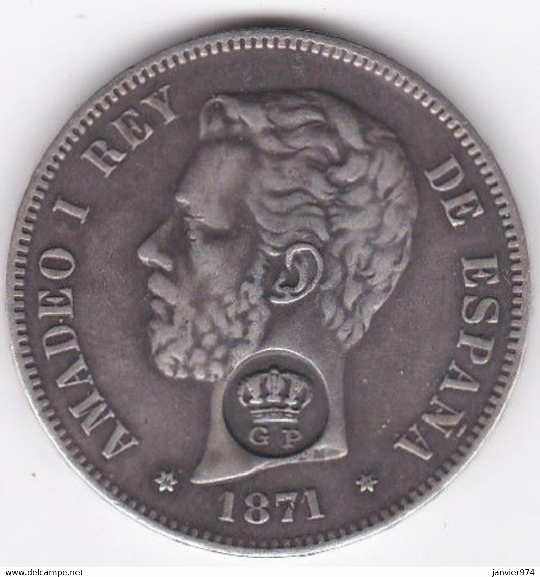 Tres Belle Copie 1200 Reis Contremarque GP Sur 5 Pesetas 1871  Amadeo I , Non Magnétique. - Açores