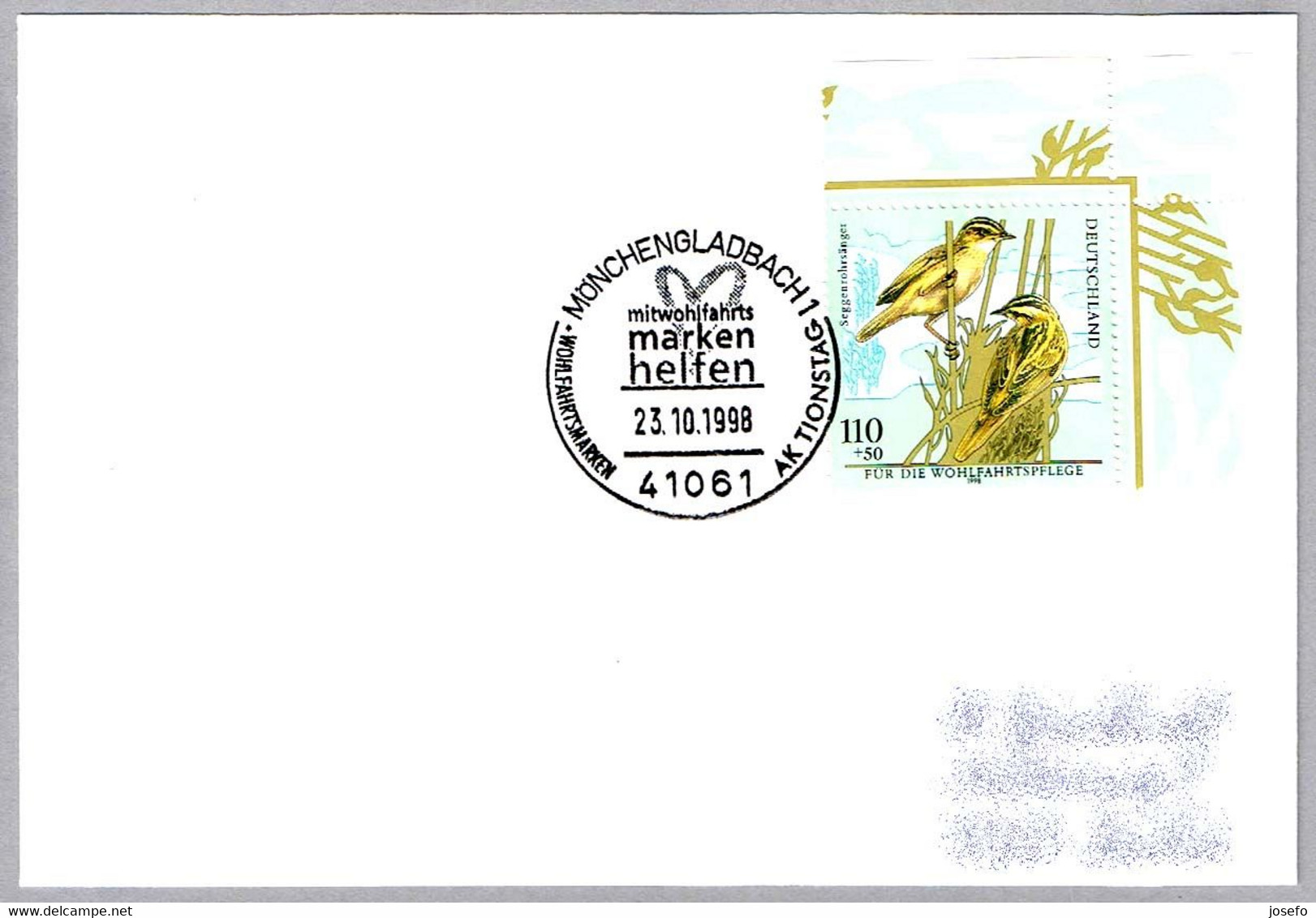 Für Die Wohlfahrtspflege - CARRICERIN CEJUDO - AEROCEPHALUS PALUDICOLA - AQUATIC WARBLER. Munchengladbach 1998 - Mechanical Postmarks (Advertisement)