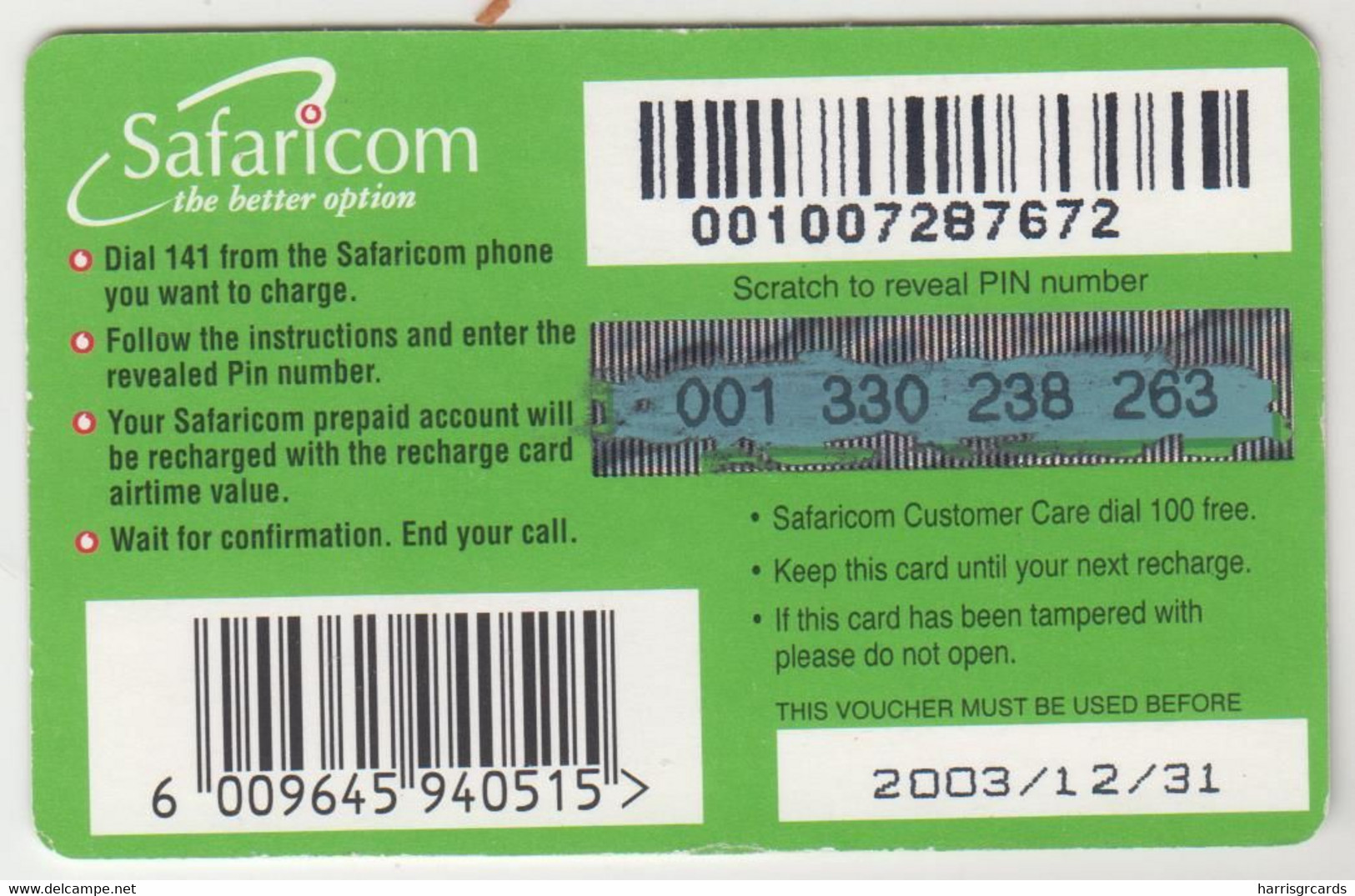 KENYA - The Green Card (90 Days), Safaricom Refill Card , Expiry Date:31/12/2003, 500 Ksh Used - Kenia