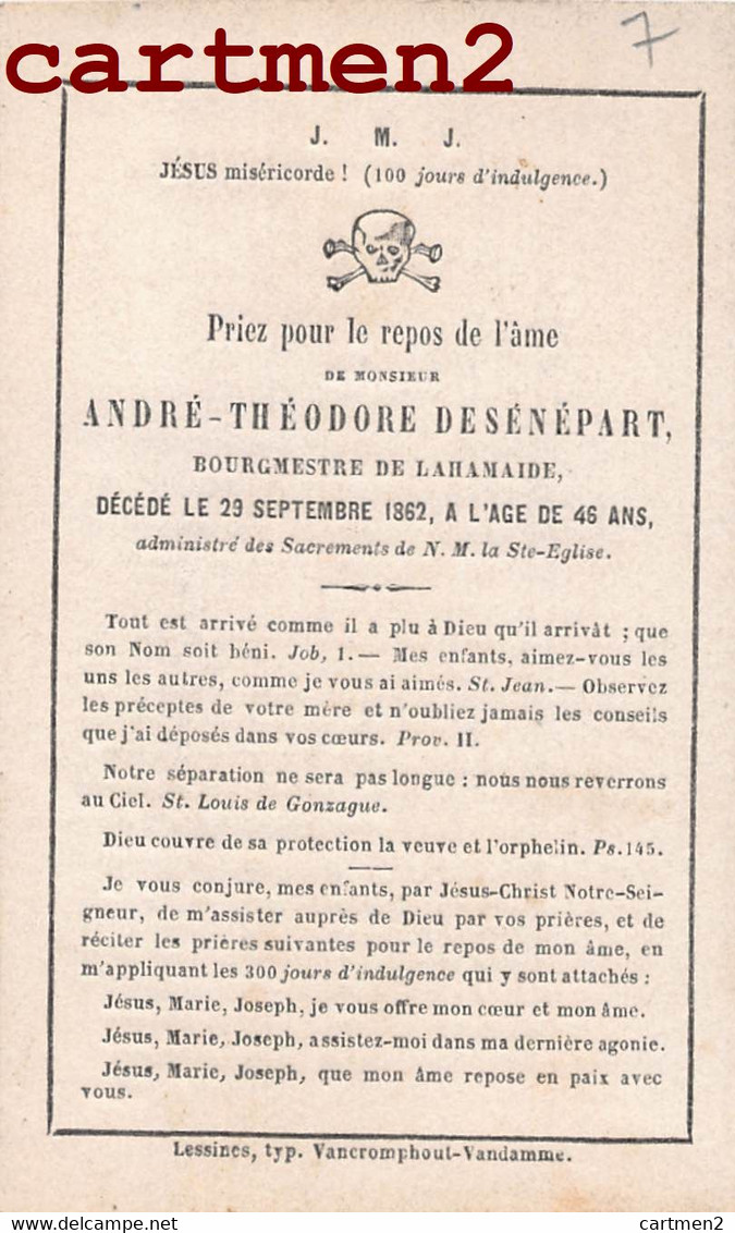 FAIRE-PART DE DECES ANDRE-THEODRORE DESENEPART BOURGMESTRE DE LAHAMAIDE HAINAUT ELLEZELLES BELGIQUE - Ellezelles