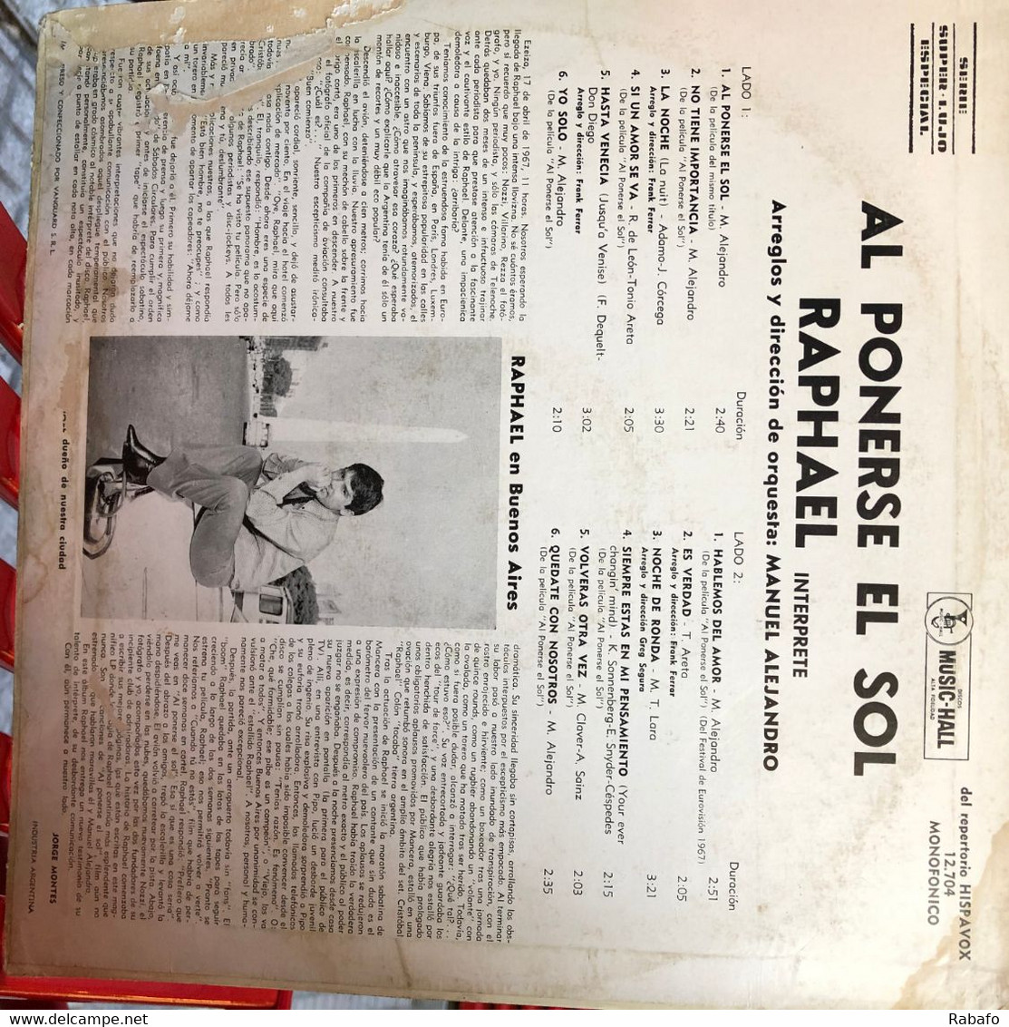 LP Argentino De Raphael Año 1967 - Sonstige - Spanische Musik