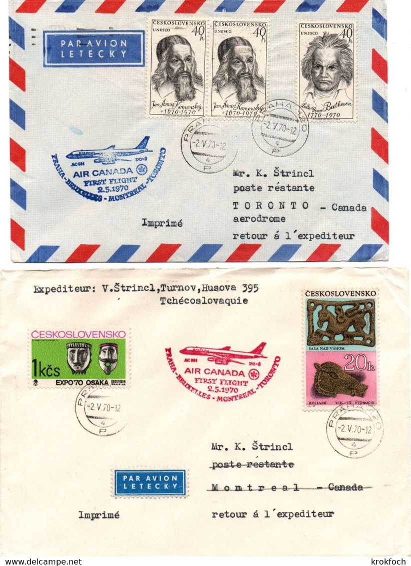 Prague Praha Bruxelles Montreal Toronto 1970 - DC-8 Air Canada - 1er Vol First Flight Erstflug X 2 - Erst- U. Sonderflugbriefe