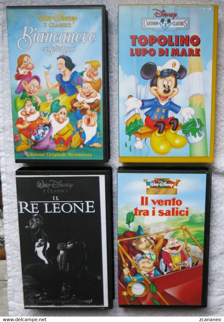 4 VHS DISNEY-BIANCANEVE 7 NANI-RE LEONE-IL VENTO TRA SALICI-TOPOLINO LUPO MARE- - Cartoons