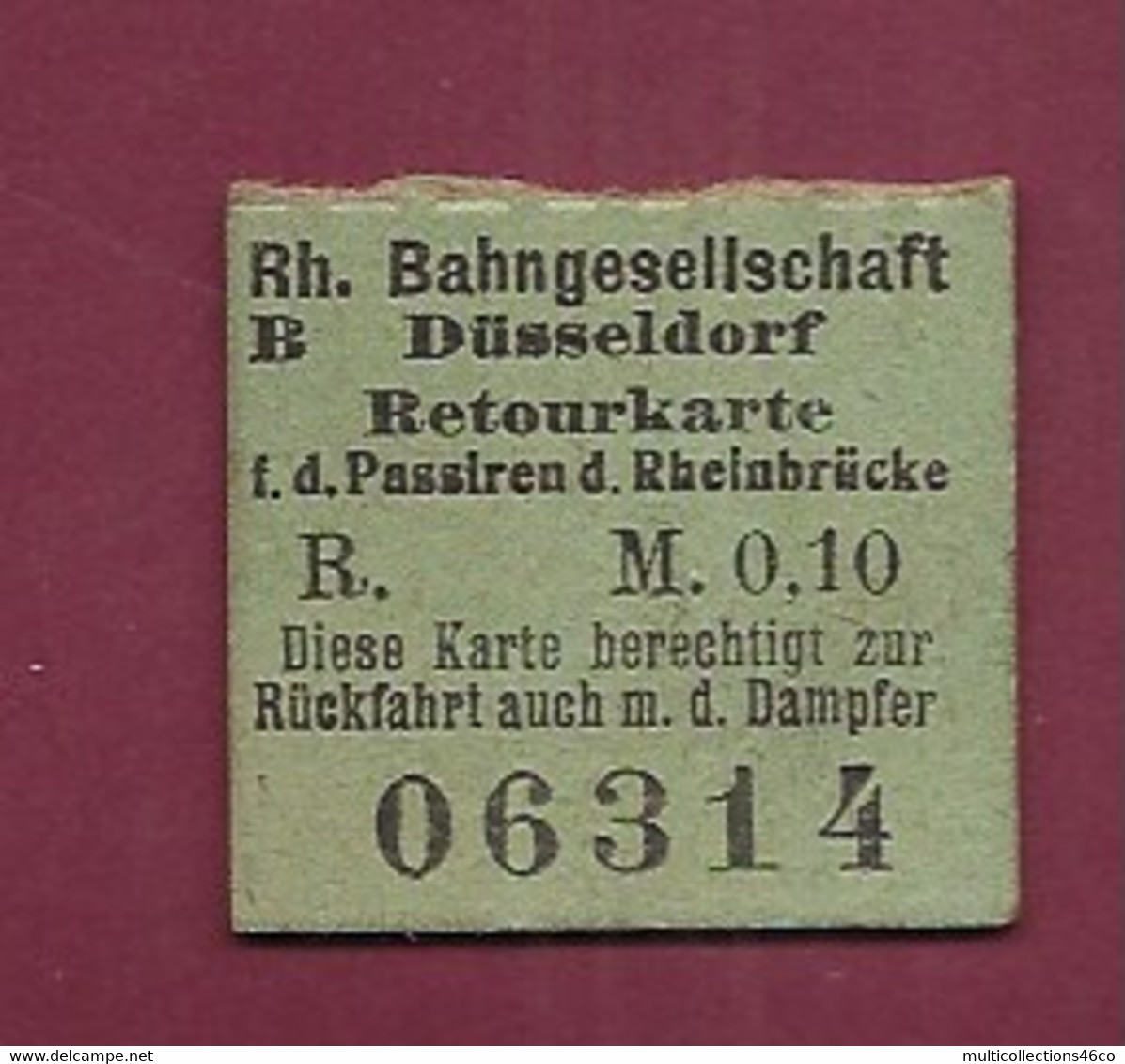 250121 TICKET CHEMIN DE FER TRAM METRO - ALLEMAGNE DUSSELDORF Bahngesellschaft Rh B R M.0,10 06314 - Europe