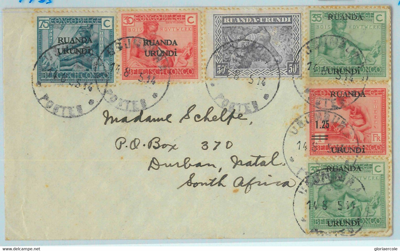 BK1577 - RUANDA URUNDI  - POSTAL HISTORY -  COVER  To DURBAN South Africa 1935 - Storia Postale