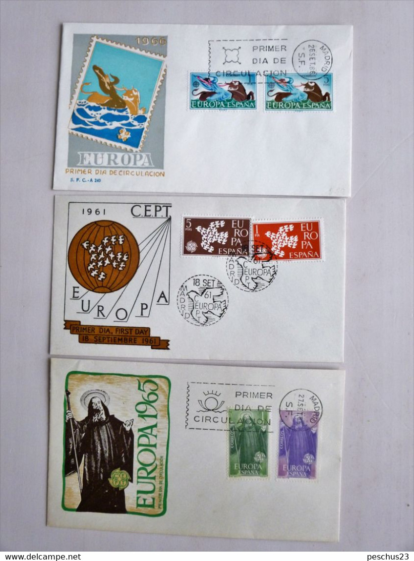 ESPAÑA / ESPAGNE / SPANIEN - 3 FDC, EUROPA - Marken - 1961, 1965, 1966 - Illustr. Sondercouverts - Sammlungen