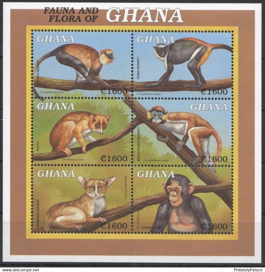 Ghana 2000 MNH SS, Diana Monkey, Galago, Chimpanzee, Potto - Scimmie