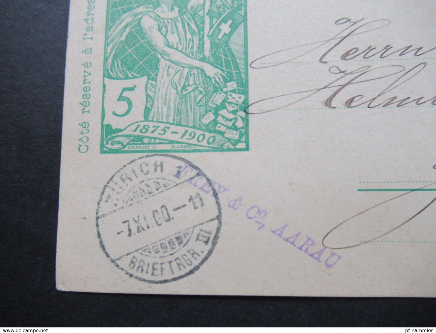 Schweiz 7.11.1900 Ganzsache UPU Aarau - Zürich Mit Bahnpost Stempel Ambulant No 5 Betreff Galliumnitrat - Interi Postali