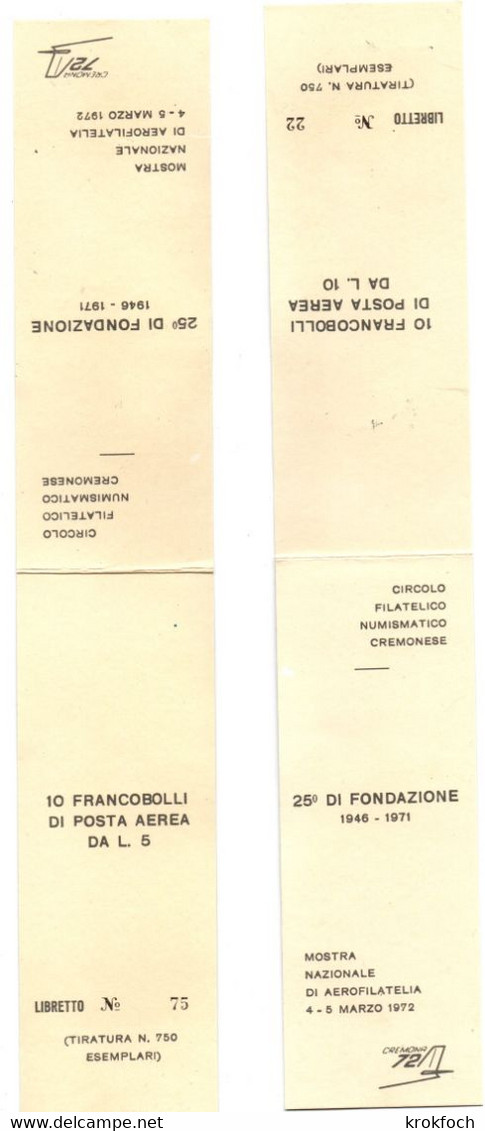 Cremona 72 - 2 Carnet 10 Francobollo Posta Aerea Lire 5 & 10 - Mostra Aerofilatelia - Booklets