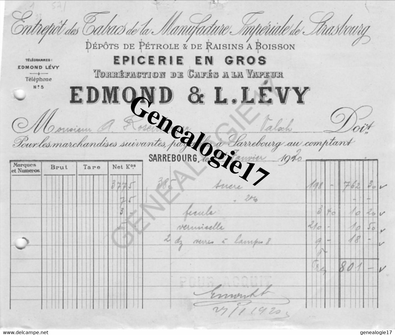 57 0101 SARREBOURG BAS RHIN 1920 Ent Tabacs Manufacture Imperiale De Strasbourg EPICERIE EDMOND Et L.LEVY Depot Pe - Documenten