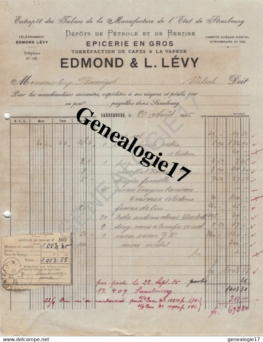 57 0102 SARREBOURG BAS RHIN 1920 Ent Tabacs Manufacture Imperiale De Strasbourg EPICERIE EDMOND Et L.LEVY Depot Pe - Documents