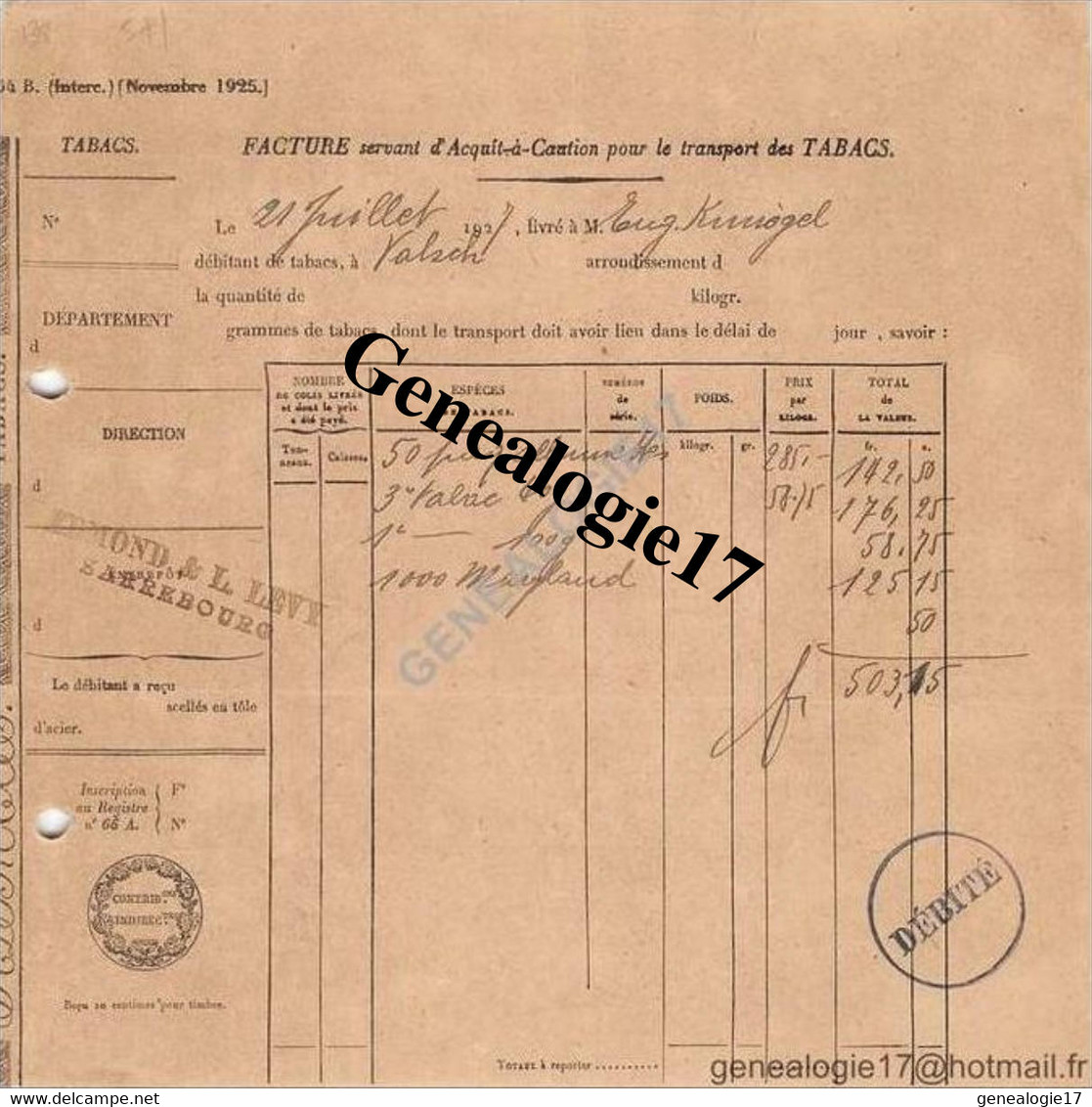 57 0257 SARREBOURG SAARBURG MOSELLE 1927 Contributions Indirects EDMOND Et LEVY Transport De Tabacs ( Tabac ) - Documents