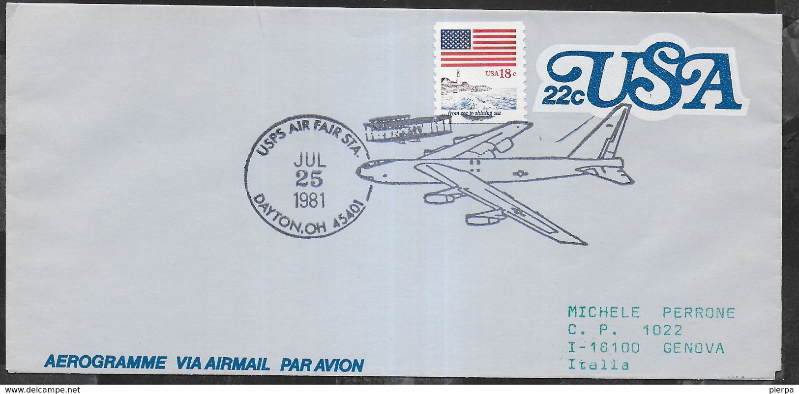 U.S.A. - ANNULLO SPECIALE " USPS AIR FAIR STA. *JUL 25 1981* DAYTON, OH 45401 " SU AEROGRAMMA VIAGGIATO - Cartas & Documentos