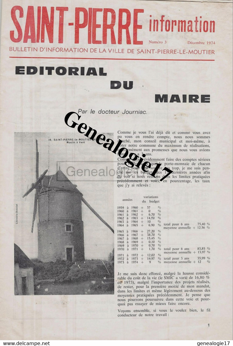 58 0467 SAINT PIERRE LE MOUTIER NIEVRE 1974 EDITORIAL DU MAIRE ( Mairie Journal Commune Communal ) - Geography