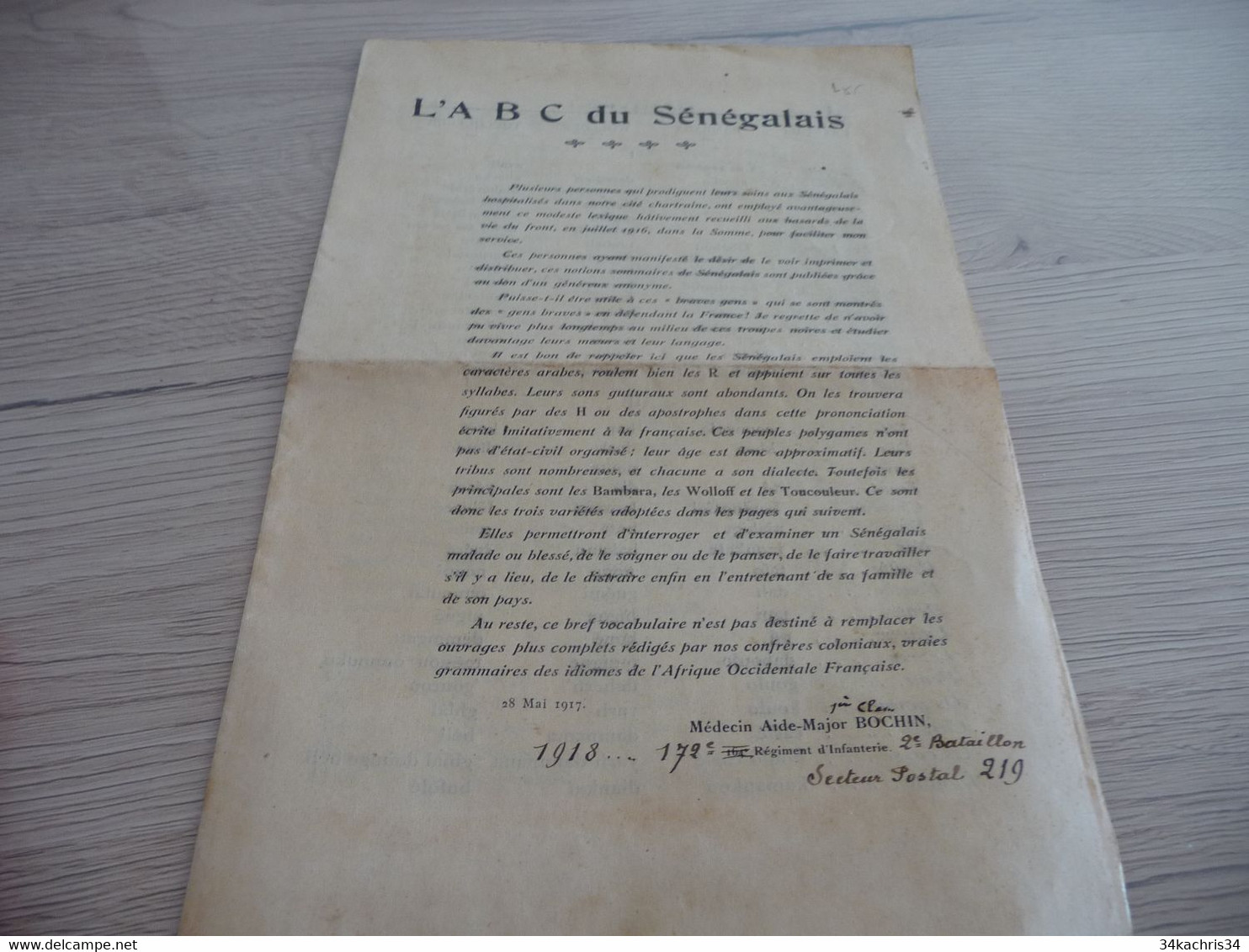 Guerre 14/18 L'ABC Du Sénégalais  Troupes D'Afrique Dictionnaire Médecin Bochin Secteur Postal 219 - Documents