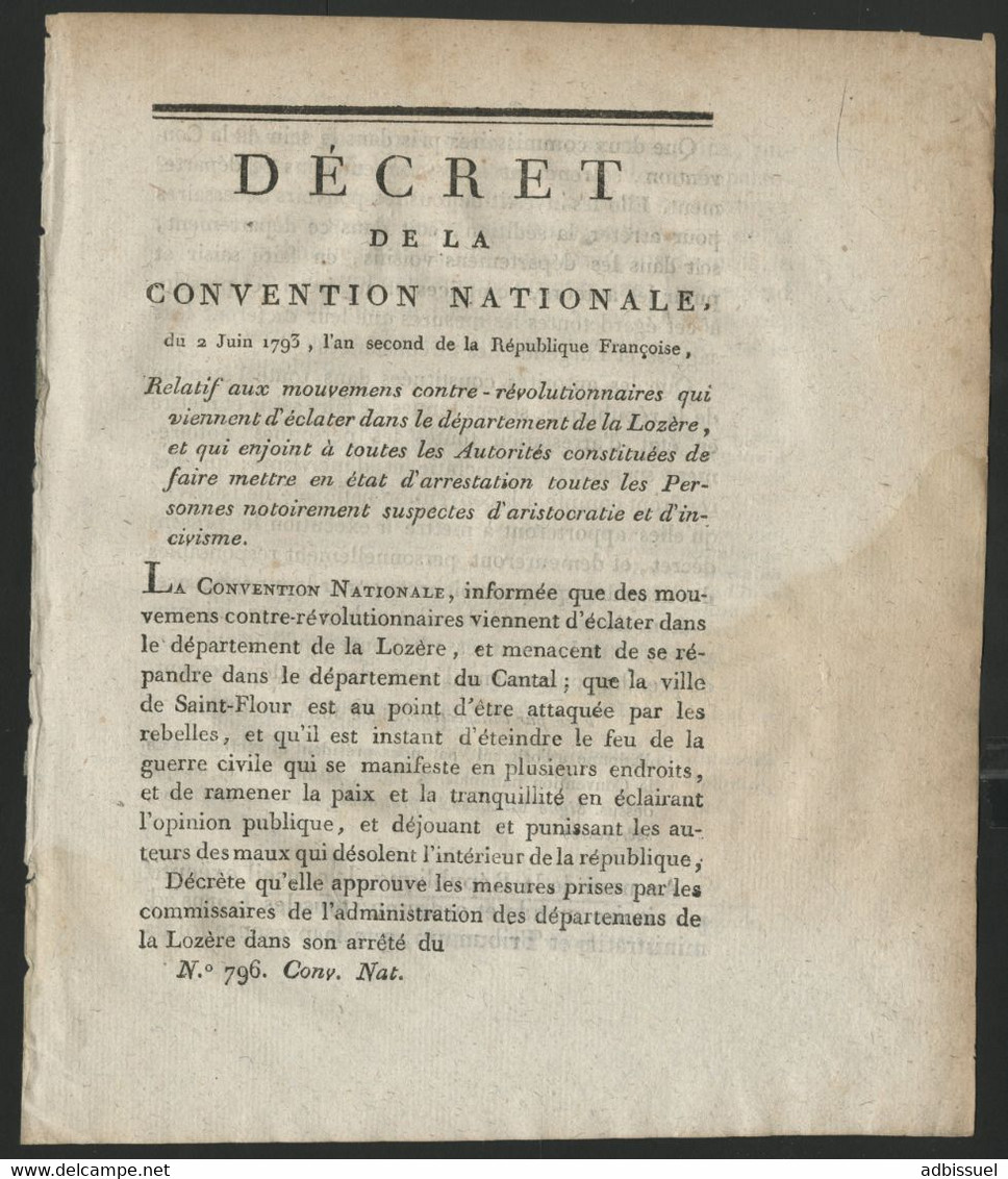 Décret De La Convention Nationale Du 2/6/1793 Suite Aux MOUVEMENTS CONTRE-REVOLUTIONNAIRES EN LOZERE  (voir Description) - Decrees & Laws