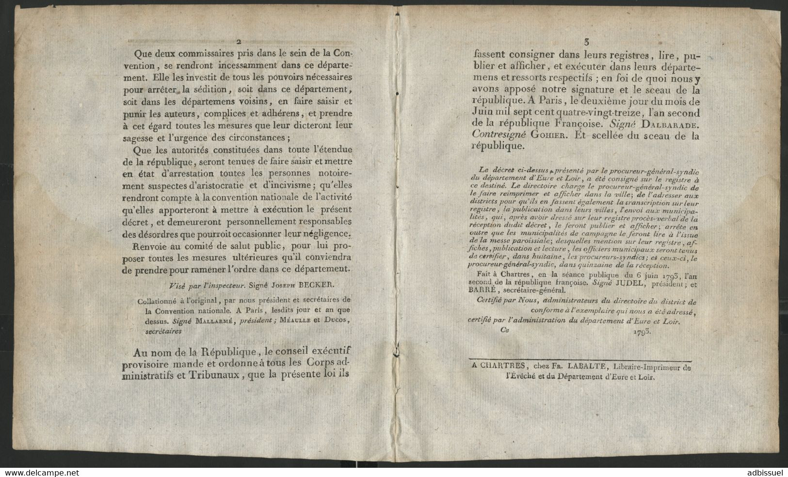 Décret De La Convention Nationale Du 2/6/1793 Suite Aux MOUVEMENTS CONTRE-REVOLUTIONNAIRES EN LOZERE  (voir Description) - Décrets & Lois