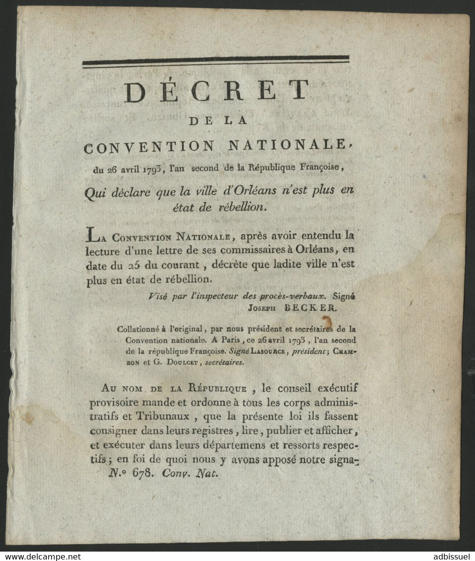 Décret De La Convention Nationale Du 26/4/1793 Déclarant La VILLE D'ORLEANS EN ETAT DE REBELLION (voir Description) - Decretos & Leyes