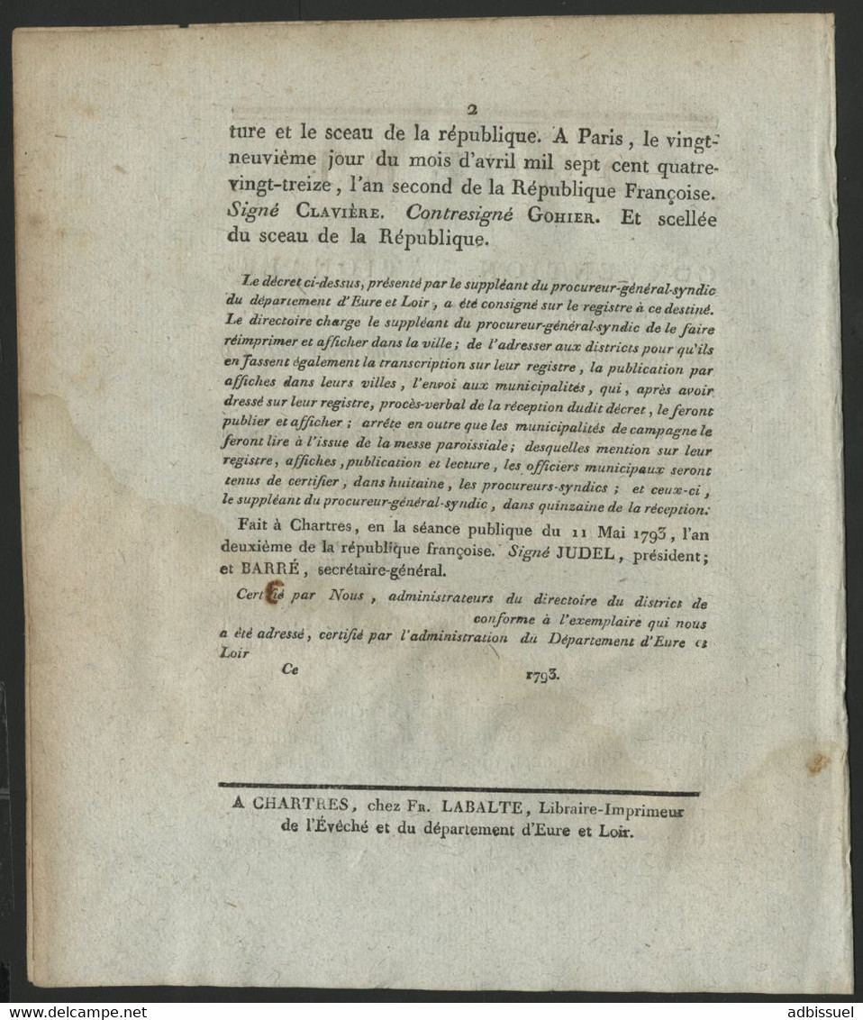 Décret De La Convention Nationale Du 26/4/1793 Déclarant La VILLE D'ORLEANS EN ETAT DE REBELLION (voir Description) - Decretos & Leyes