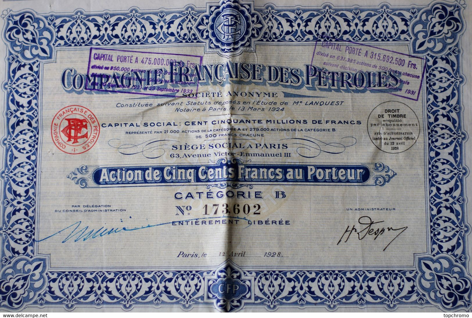 Action De Cinq Cent Francs 1928 Compagnie Française Des Pétroles 5 Actions - Navy