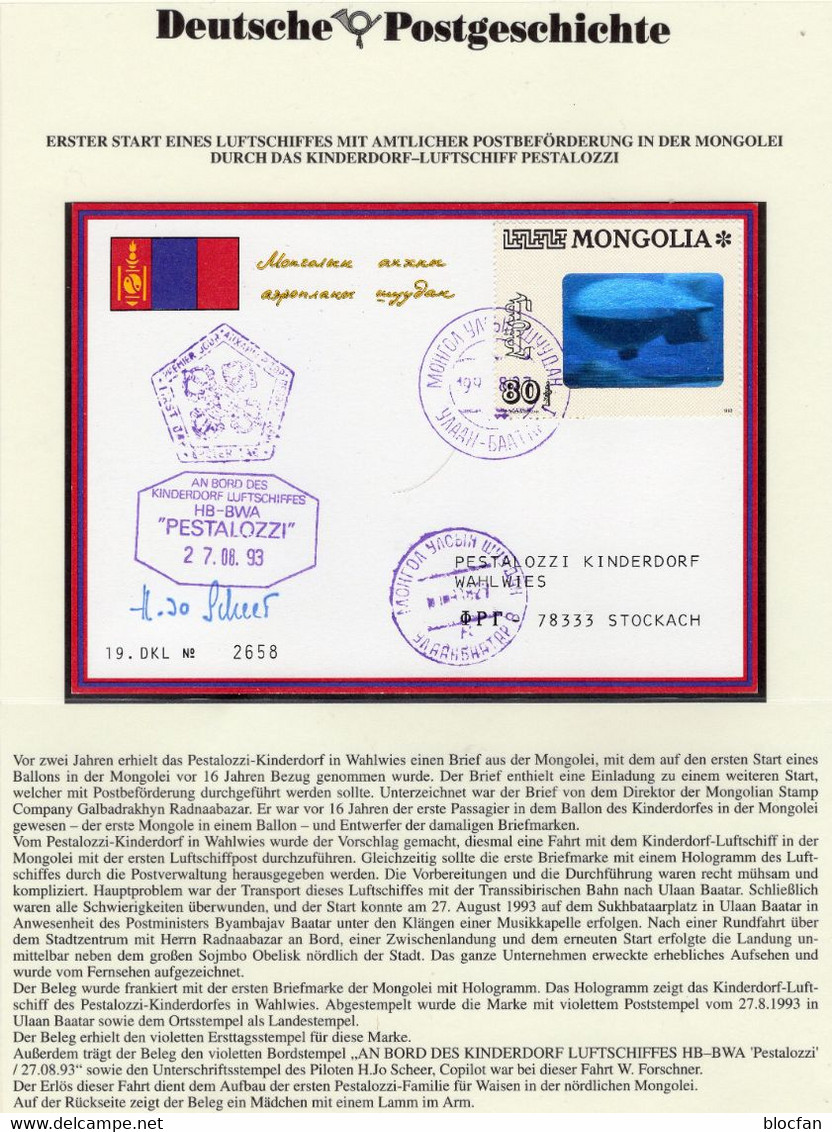 Hologramm-Briefmarke Mongolei 2482,Brf+4-KB ** 25€ Zeppelin In Ulan Bator 1993 Air Letter Bloc Sheetlet Bf Mongolia - Holograms