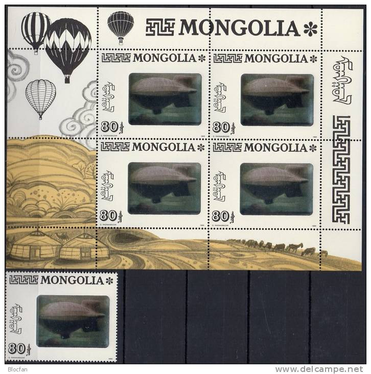Hologramm-Briefmarke Mongolei 2482,Brf+4-KB ** 25€ Zeppelin In Ulan Bator 1993 Air Letter Bloc Sheetlet Bf Mongolia - Hologramas