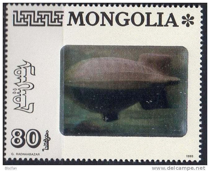 Hologramm-Briefmarke Mongolei 2482,Brf+4-KB ** 25€ Zeppelin In Ulan Bator 1993 Air Letter Bloc Sheetlet Bf Mongolia - Hologrammes