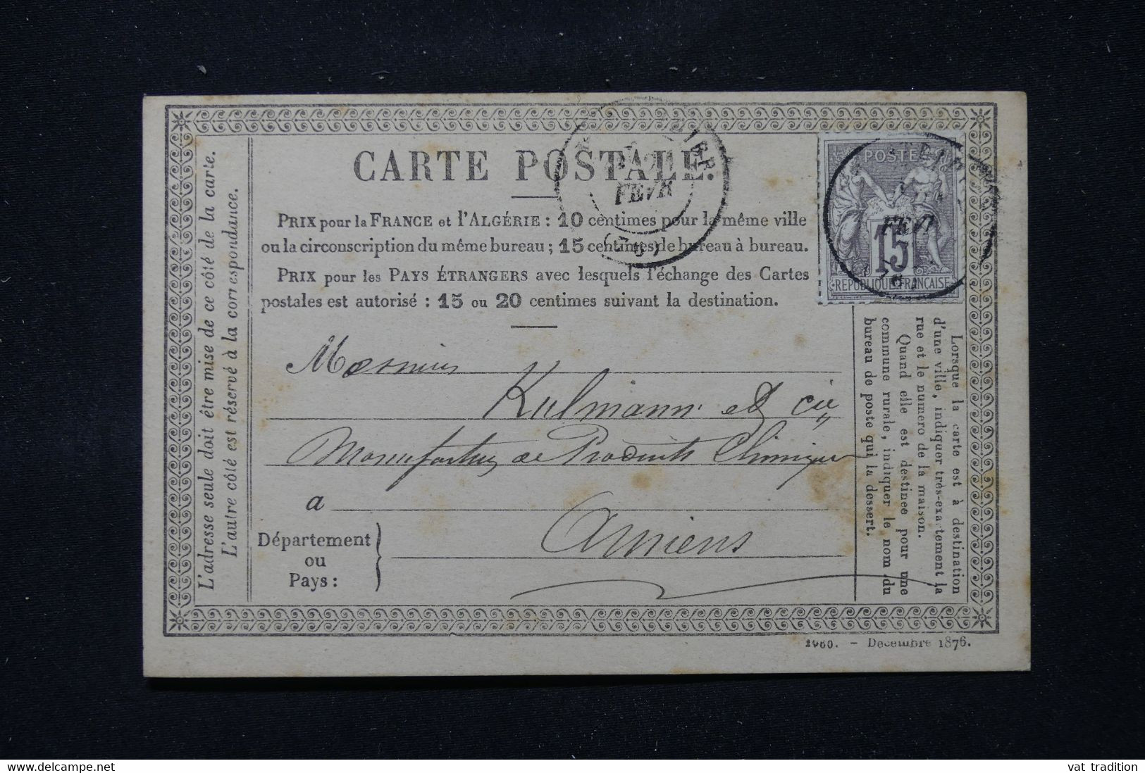 FRANCE - Étiquette Commerciale De Montdidier Sur Carte Précurseur Pour Amiens En 1877 Affr. Sage 15ct - L 86405 - Precursor Cards