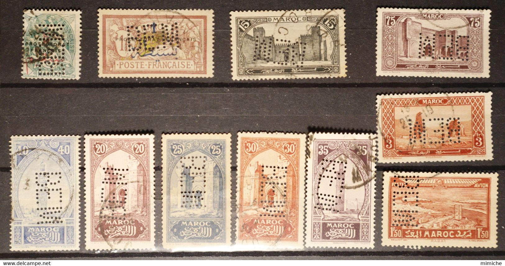 Maroc Perforé Perfin BEM6a (OUJDA) Perfins 11 Timbres Perforés à Oujda. - Other & Unclassified