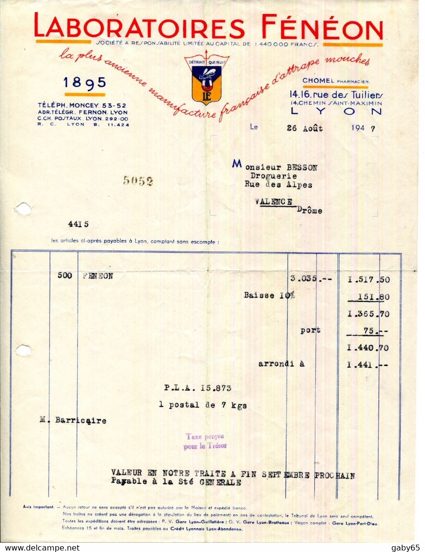 69.LYON.LABORATOIRES FENEON.CHOMEL PHARMACIEN 14 & 16 RUE DES TUILLIERS. - Droguerie & Parfumerie