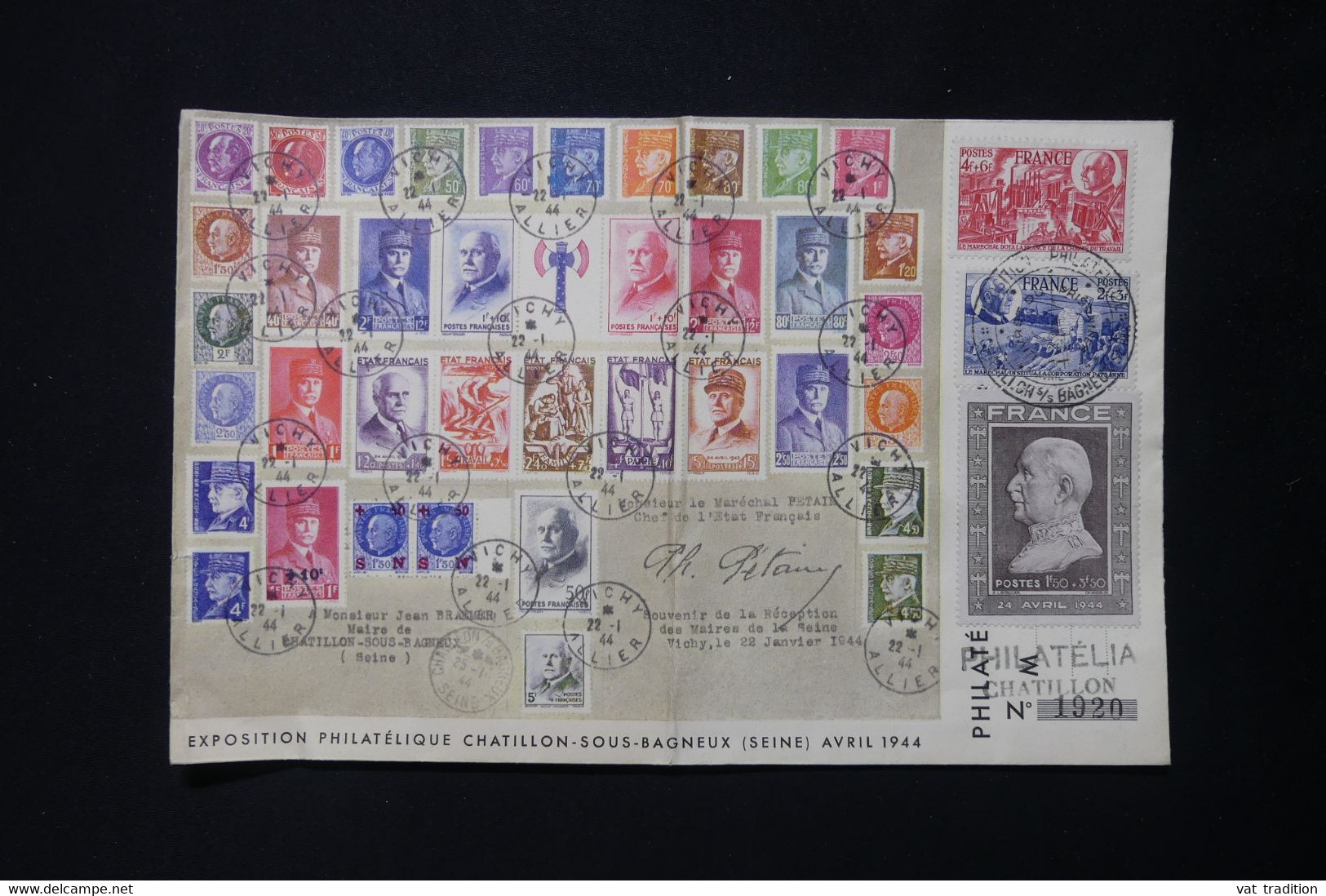 FRANCE - Enveloppe De L'Exposition Philatélique De Chatillon / Bagneux En 1944 Avec Tous Les Timbres Pétain - L 86484 - 1921-1960: Modern Period